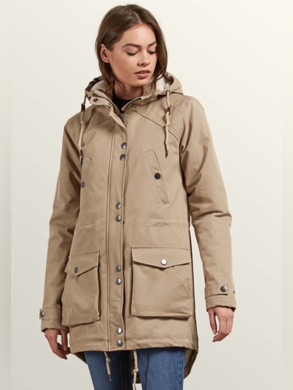 Volcom Women's Walk On By Hooded Parka Jacket - Tan EUC